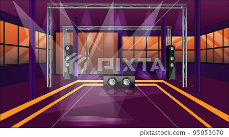 Night Out Club Background Scene with Dancefloor, Spotlights and Speakers. Vector Illustration 95953070