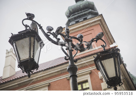 birds sit on a street lamp in snowy weather 95953518