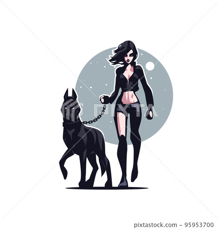 A woman in a leather jacket and shorts leads a black dog on a leash 95953700