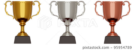 逼真的透明 3DCG 渲染圖像集,包括三個金、銀和銅獎杯或獎杯 逼真的透明 3DCG 渲染圖像集,包括三個金、銀和銅獎杯或獎杯 95954789