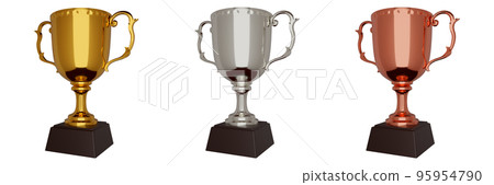 Photoreal transparent 3DCG rendering image set of three gold, silver and bronze trophies or prize cups 95954790