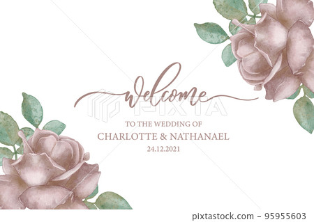 Floral template for wedding invitation. Pink watercolor roses and green leaves frame. Calligraphy Welcome. 95955603