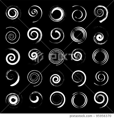 White Spiral Design Elements with Brush Stroke Effect on Black Background. White Spiral Design Elements with Brush Stroke Effect on Black Background. 95956370