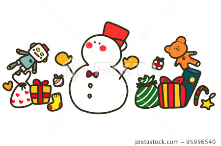 Illustration of a snowman surrounded by presents 1 Illustration of a snowman surrounded by presents 1 95956540