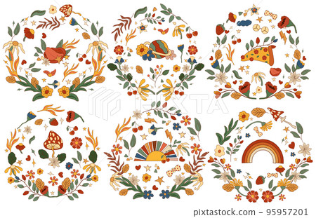 Positive composition 70s with a colorful space, groovy sun, mystical mushroom, pizza, flowers and leaves. Composition in a vintage style perfect for cards, poster, postcard, banner. Vector. Positive composition 70s with a colorful space, groovy sun, mystical mushroom, pizza, flowers and leaves. Composition in a vintage style perfect for cards, poster, postcard, banner. Vector. 95957201