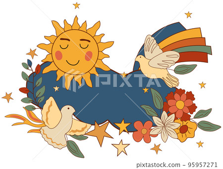 Positive composition 70s with cloud, sun smile, Flying dove, colorful flowers and leaves. Psychedelic groovy symbols perfect for cards, poster, postcard, banner. Vector Positive composition 70s with cloud, sun smile, Flying dove, colorful flowers and leaves. Psychedelic groovy symbols perfect for cards, poster, postcard, banner. Vector 95957271