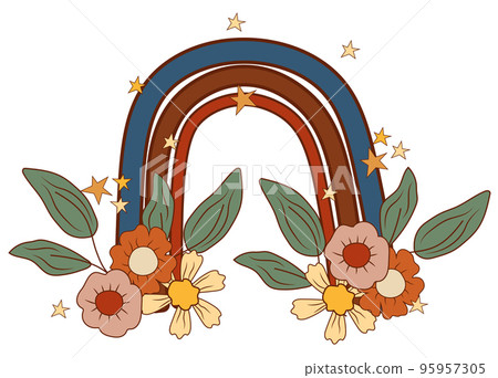 Positive composition 70s, with colorful rainbow, flowers and leaves. Positive hippie poster. Psychedelic groove elements. Perfect for greeting cards, poster, postcard, banner. Vector 95957305