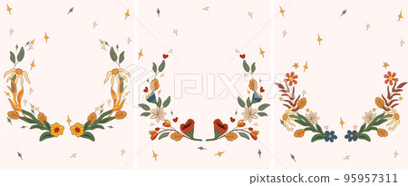 Groovy wreaths 70s with a colorful flowers and leaves. Composition in a vintage style perfect for cards, poster, postcard, banner. Vector. 95957311