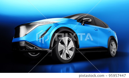 Blue electric SUV car of the new generation on a blue background. 3d rendering. Blue electric SUV car of the new generation on a blue background. 3d rendering. 95957447