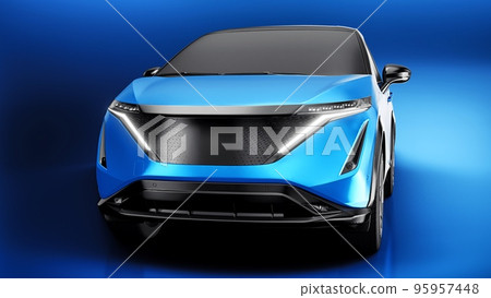 Blue electric SUV car of the new generation on a blue background. 3d rendering. Blue electric SUV car of the new generation on a blue background. 3d rendering. 95957448