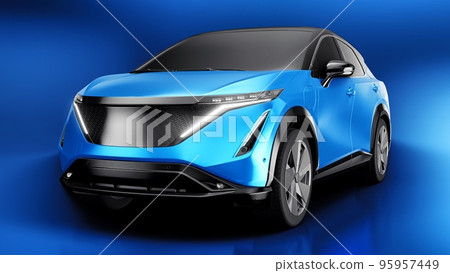 Blue electric SUV car of the new generation on a blue background. 3d rendering. Blue electric SUV car of the new generation on a blue background. 3d rendering. 95957449