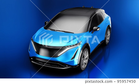 Blue electric SUV car of the new generation on a blue background. 3d rendering. Blue electric SUV car of the new generation on a blue background. 3d rendering. 95957450