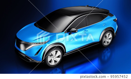 Blue electric SUV car of the new generation on a blue background. 3d rendering. Blue electric SUV car of the new generation on a blue background. 3d rendering. 95957452