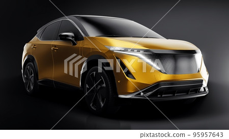 Gold electric SUV car of the new generation on a black background. 3d rendering. Gold electric SUV car of the new generation on a black background. 3d rendering. 95957643