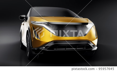 Gold electric SUV car of the new generation on a black background. 3d rendering. Gold electric SUV car of the new generation on a black background. 3d rendering. 95957645