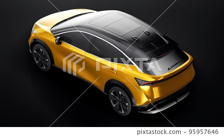 Gold electric SUV car of the new generation on a black background. 3d rendering. Gold electric SUV car of the new generation on a black background. 3d rendering. 95957646