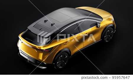 Gold electric SUV car of the new generation on a black background. 3d rendering. Gold electric SUV car of the new generation on a black background. 3d rendering. 95957647