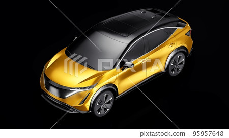 Gold electric SUV car of the new generation on a black background. 3d rendering. Gold electric SUV car of the new generation on a black background. 3d rendering. 95957648
