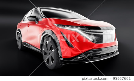 Red electric SUV car of the new generation on a black background. 3d rendering. Red electric SUV car of the new generation on a black background. 3d rendering. 95957661