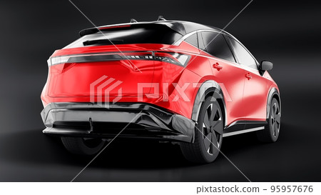 Red electric SUV car of the new generation on a black background. 3d rendering. Red electric SUV car of the new generation on a black background. 3d rendering. 95957676