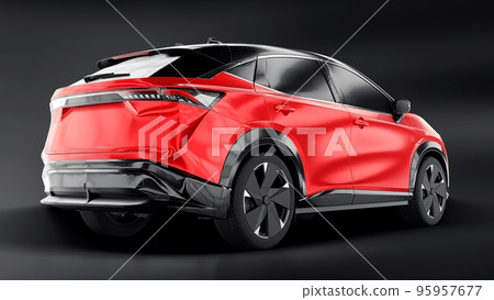Red electric SUV car of the new generation on a black background. 3d rendering. Red electric SUV car of the new generation on a black background. 3d rendering. 95957677