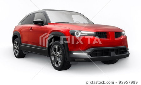 Electric innovative SUV in metallic red on a white background. 3d rendering. Electric innovative SUV in metallic red on a white background. 3d rendering. 95957989