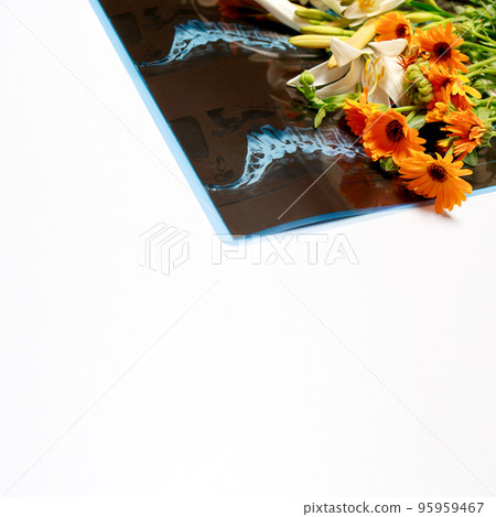 Computed tomography shot of the spine with flowers for congratulations on the day of radiologist, neurologist or traumatologist with place for text copy space on white background Computed tomography shot of the spine with flowers for congratulations on the day of radiologist, neurologist or traumatologist with place for text copy space on white background 95959467