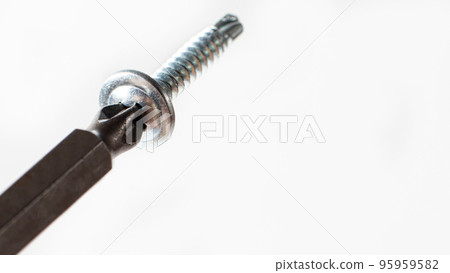 Self-cutters and screwdriver on a gray background with space for text. Screw with thread - fasteners for construction, tools and accessories repair Self-cutters and screwdriver on a gray background with space for text. Screw with thread - fasteners for construction, tools and accessories repair 95959582
