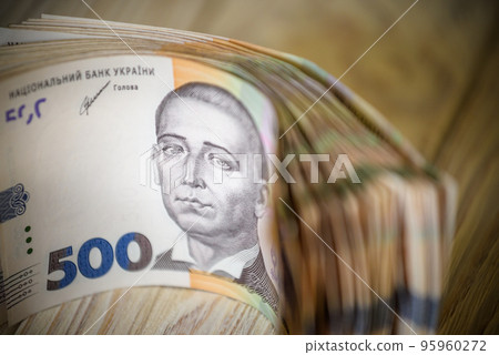 Stack of ukrainian money hryvnia grivna, hryvna with 500 banknotes 95960272