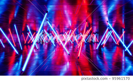 Rotating red and blue fluorescent lights. 3D rendering illustration. 95961570