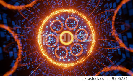 Flying in a tunnel through shimmering rings. 3D rendering illustration Flying in a tunnel through shimmering rings. 3D rendering illustration 95962841