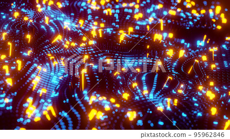 Animated wave moving structure of blue cubes with glare and radiance. 3D rendering illustration 95962846