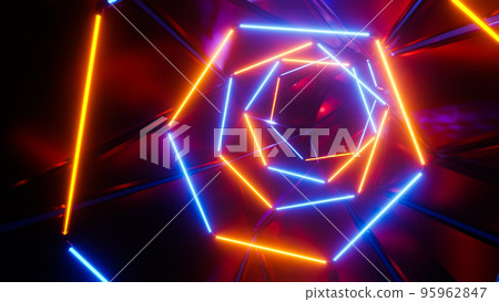 Flying in a tunnel with flashing blue and yellow fluorescent lights. 3D rendering illustration 95962847