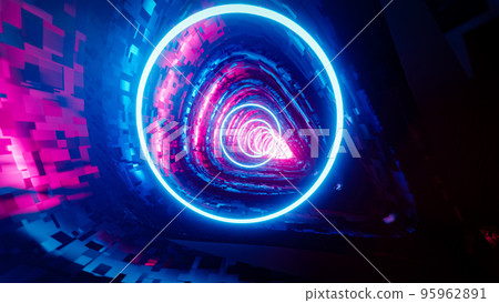 Flying inside a tunnel with blue rings. 3D rendering illustration. Flying inside a tunnel with blue rings. 3D rendering illustration. 95962891