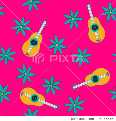 Floral Seamless Pattern. Simple Colorful Background with Flower and Guitar. 95963636