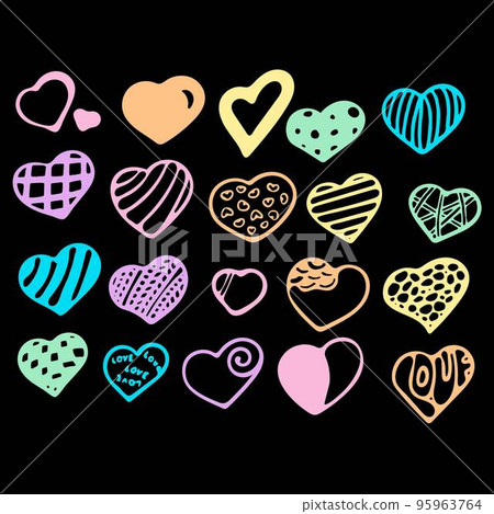 Hand-Drawn Set Of Pastel Vector Hearts On Black Background. Hand-Drawn Set Of Pastel Vector Hearts On Black Background. 95963764