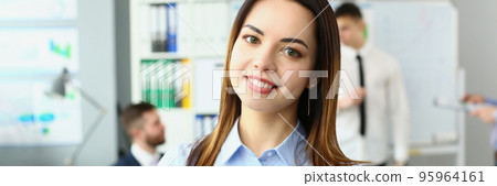 Smiling businesswoman stand with clipboard, manager analysing statistics date Smiling businesswoman stand with clipboard, manager analysing statistics date 95964161