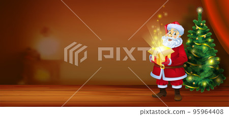 Christmas miracle - Santa Claus holding a box with a magic gift beside a Christmas tree 95964408