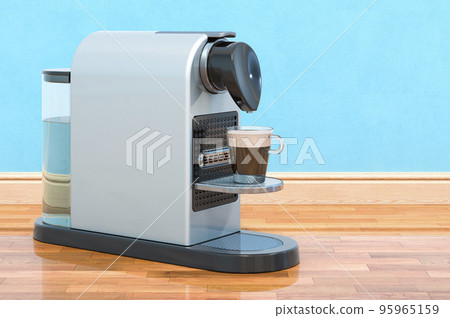Coffee pod machine in room near wall, 3D rendering 95965159