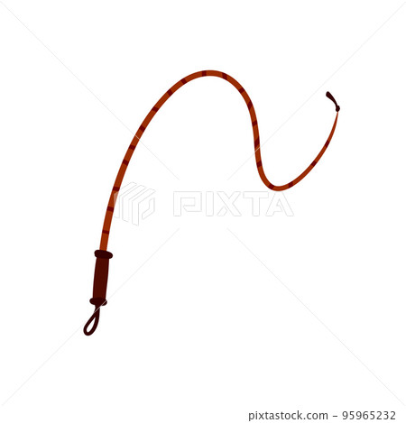 Whip for training an animal. Long cord. Horsewhip of Wild West. Flat cartoon. Concept of slavery, submission and domination 95965232