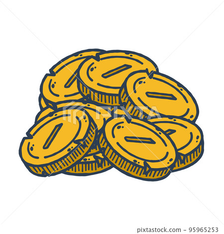 PIle of gold coins. Outline cartoon Icon of money and treasure. Concept of earnings and wealth. PIle of gold coins. Outline cartoon Icon of money and treasure. Concept of earnings and wealth. 95965253