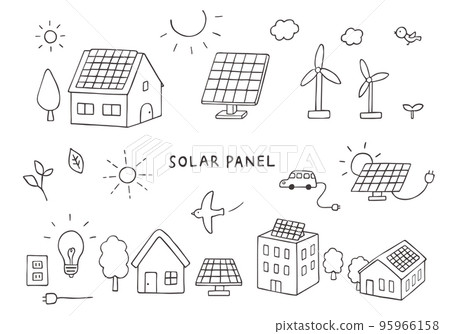 與太陽能發電相關的手繪插圖集（單色） 95966158