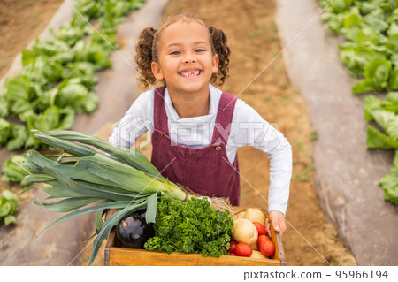 Children, farm and vegetables with a girl working in a greenhouse during the harvest season. Portrait, kids and sustainability with a female child at work on agricultural land for organic farming 95966194