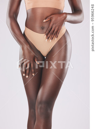 Beauty, body care health, and black woman in underwear feeling confident with self love, skincare and natural glowing skin. Self care, wellness and sexy aesthetic legs of model with luxury healthcare 95966248