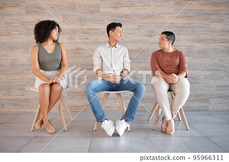 Startup business people recruitment or job interview in waiting room row for HR, team building or feedback communication. Happy, smile or hiring interview for digital marketing company review 95966311