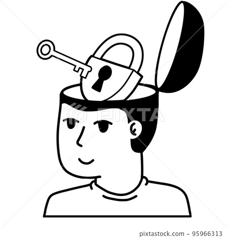 Man with lock in his head. Concept of reception of psychologist and psychiatrist. Solving mental problems, Psychotherapeutic counseling. Patient with psychological trouble 95966313