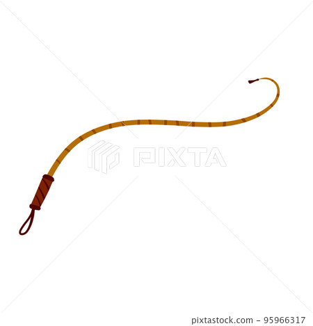 Whip for training an animal. Long cord. Horsewhip of Wild West. Flat cartoon. Concept of slavery, submission and domination Whip for training an animal. Long cord. Horsewhip of Wild West. Flat cartoon. Concept of slavery, submission and domination 95966317