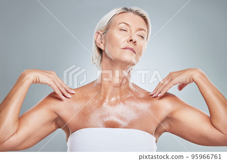 Skincare, skin and senior woman in studio for beauty, grooming and wellness against a grey background. Relax, body and elderly model posing with shine, glow and healthy skin after anti aging product Skincare, skin and senior woman in studio for beauty, grooming and wellness against a grey background. Relax, body and elderly model posing with shine, glow and healthy skin after anti aging product 95966761