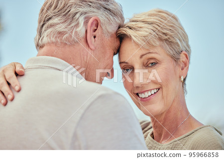 Senior, elderly and couple smile with a hug, care and love together feeling happy. Portrait of woman and man in retirement smiling about relationship, marriage and happiness outdoor hugging Senior, elderly and couple smile with a hug, care and love together feeling happy. Portrait of woman and man in retirement smiling about relationship, marriage and happiness outdoor hugging 95966858