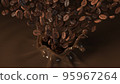 Arabica and Robusta coffee beans on splash coffee. 95967264